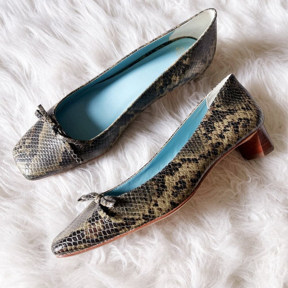 Frances Valentine Snake Print Leather Mini Block Kitten Heel Bow Square Toe